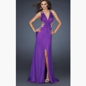 LA FEMME Purple Bejeweled Chiffon Gown